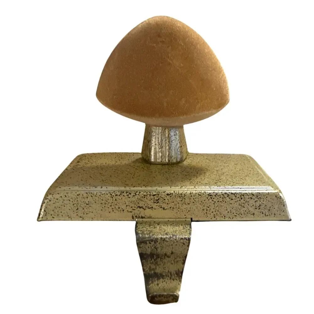 Vintage Set 2 Mushroom Metal Hook Hanger Fireplace Mantel Stocking Holder Velvet